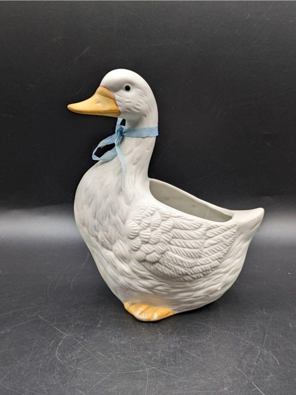 Homco Vintage Duck Goose Planter White Bisque Blue Bow Farmhouse Cottagecore 7"